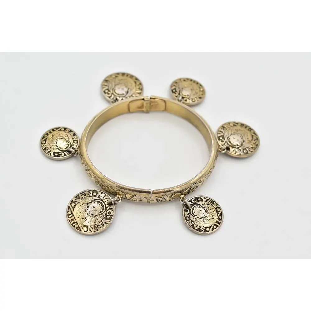Whiting & Davis Vintage Coin Charm Bangle Bracelet Heavy Chunky Signed 70s BinAW